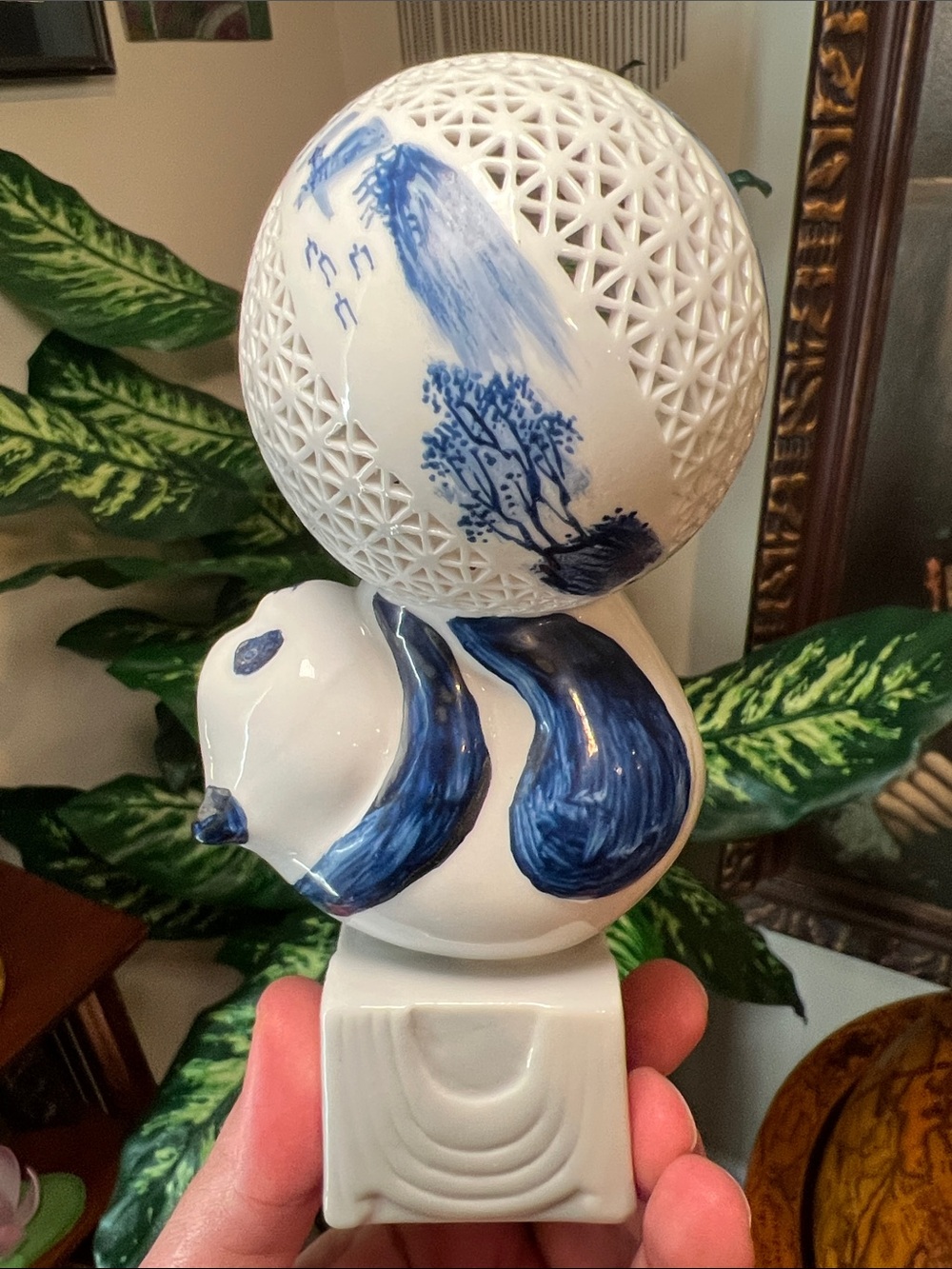 Vintage Handpainted Panda Figure Reticulated Globe Blue & White Chinoiserie